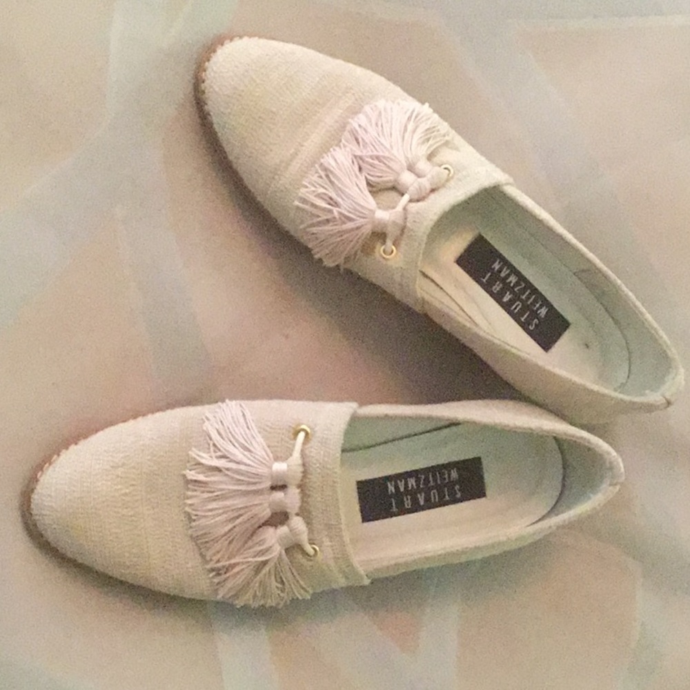 Stuart Weitzman Canvas Fringe Tassel Loafer Flats